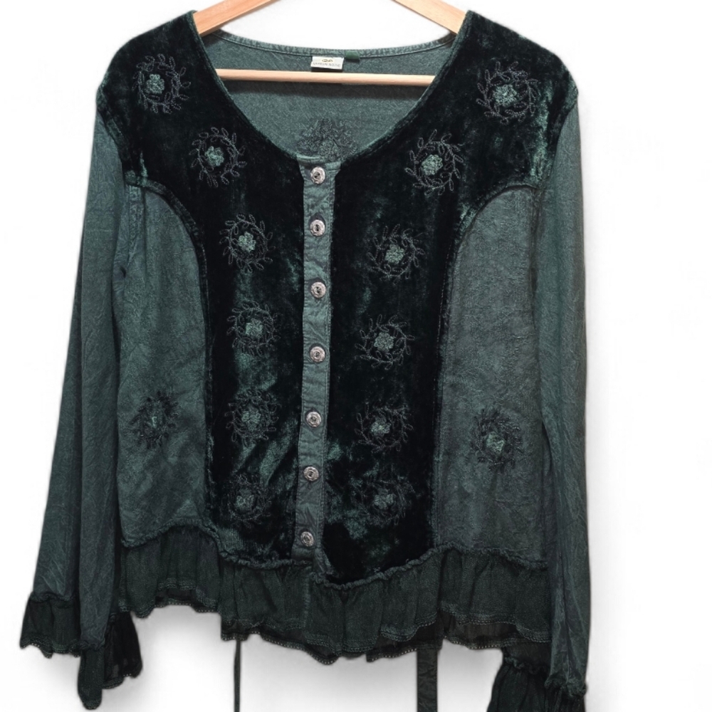Velvet Embroidered Button-Up Top - Picture 10 of 11